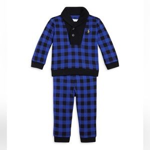 NWT Ralph Lauren Boys' Checked Interlock Pullover & Pants Set 12m - Blue Check